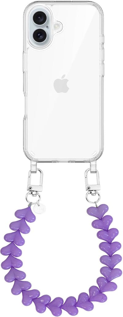 xoxo Wildhearts siliconen hoesje - Geschikt voor iPhone 17 hoesje - Funky Hearts - Telefoonhoesje - Hoesje met koord - Paars koord - kort telefoonkoord - Hartjes ketting - Transparant hoesje
