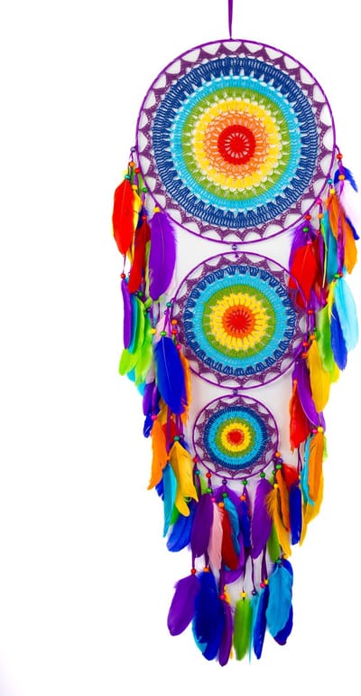 KIMU® Dromenvanger Groot Regenboog - Dreamcatcher Veren Macramé - Bohemian Ibiza Kinderen Boho Babykamer Buiten Kado Meisjeskamer Veertjes Festival
