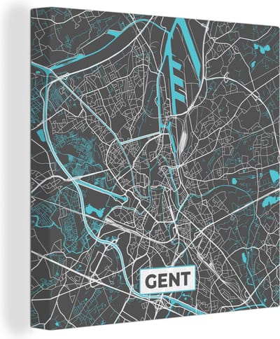 Canvas Schilderij België – Gent – Stadskaart – Kaart – Blauw – Plattegrond - 20x20 cm - Wanddecoratie