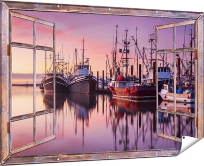 Gards Tuinposter Doorkijk Schepen in de Haven - Boten - 180x120 cm - Tuindoek - Tuindecoratie - Wanddecoratie buiten - Tuinschilderij