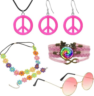 Hippie Kostuum Set met 6 Stukken - 70s Accessoires, Roze Zonnebril, Vredesteken Ketting, Oorbellen en Armbanden voor Bohemian Themafeest en Halloween