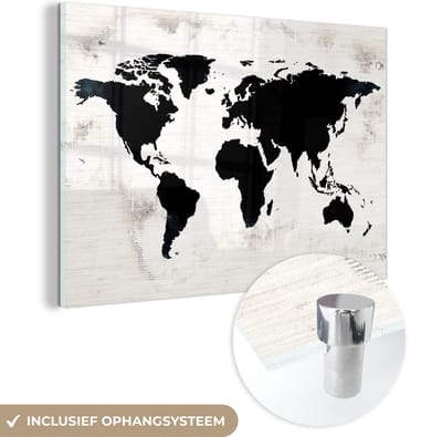 ® Glasschilderij 120x80 cm - Schilderij acrylglas - Wereldkaart - Zwart - Hout - Foto op glas - Muurdecoratie woonkamer - Wanddecoratie slaapkamer - Schilderijen