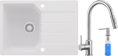 Anycee MAX Granieten Spoelbak 65x45CM - Spoelbakken Keuken Wit - Wasbak Keuken Met keukenkraan met 2 straalsoorten en Zeepdispenser - Spoelbak Met Planchet en Afdruiprek - Spoelbakken Incl. Sifon en Afvoerzeefje