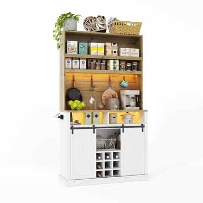 Hoge keukenkast met led - Koffiebar meubel met stopcontact - Buffetkast met wijnrek en vitrine - Voor keuken en eetkamer - 110x40x191cm