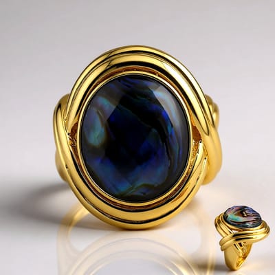 Cavill - Vergulde 925 Sterling Zilveren Ring - 4,99 ct Witte Kwarts Madagaskar Ovaal Schaakbord - Abalone Schelp Inleg - Elegante Organische Damesring