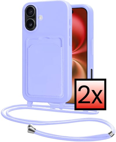 Hoes Geschikt voor iPhone 16 Plus Hoesje Pasjeshouder Cover Met Koord Case Siliconen Hoes Met Telefoonkoord en Kaarthouder - Lila - 2 PACK