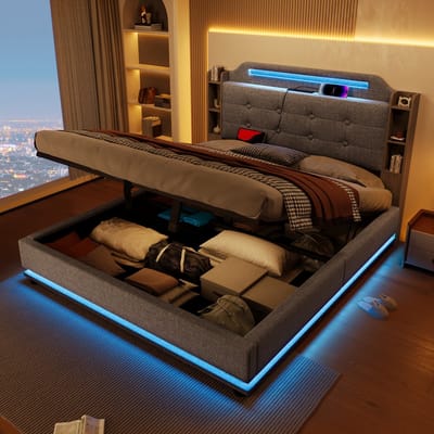 Twijfelaar - 140x200 cm - Bed met Hydraulische Opslag - USB en Type C - Linnen - Grijs