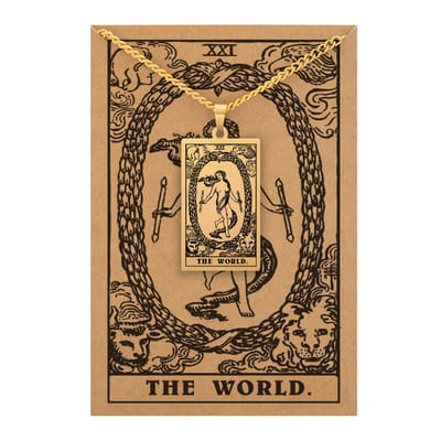 Tarot Ketting XXI: De Wereld / The World - Inclusief Rider-Waite Kaart - Goudkleurig Stainless Steel - 60cm - Pax Amare