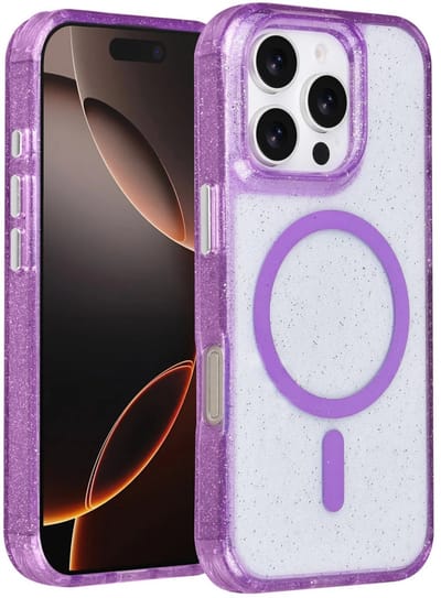 Backcover Hoesje Geschikt voor: iPhone 16 Pro - MagSafe Compatibel – Transparant Glitter Design – Krasbestendig – Slanke Bescherming met Perfecte Pasvorm - Paars