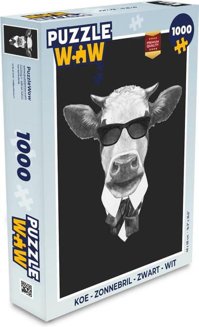 Puzzel Koe - Zonnebril - Zwart - Wit - Legpuzzel - Puzzel 1000 stukjes volwassenen