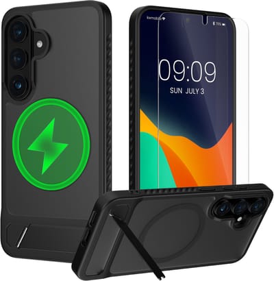 kwmobile Hoesje voor Samsung Galaxy S26 - Compatibel met MagSafe - Hoesje met standaard en screenprotector van gehard glas - zwart / mat transparant