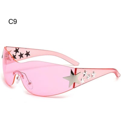 Trendy dames en heren UV400 Bescherming Coole Zwarte Zonnebrillen Wrap Around Zonnebrillen Randloos Y2K Zonnebrillen Sterren Decoratie