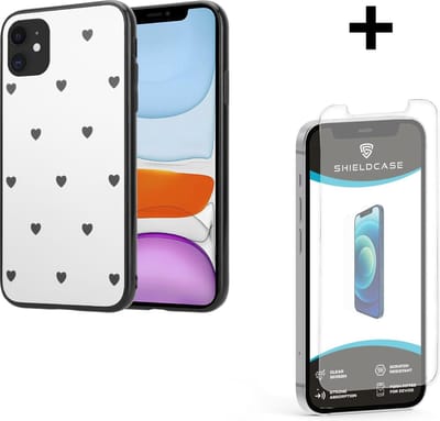 ShieldCase telefoonhoesje geschikt voor Apple iPhone 12 / 12 Pro - 6.1 inch spiegel hoesje met zwarte hartjes + glazen Screen Protector