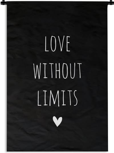 Wandkleed - Wanddoek - Engelse quote "Love without limits" met een hartje tegen een zwarte achtergrond - 60x90 cm - Wandtapijt