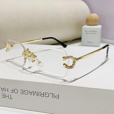 Klassieke y2k Randloos Rechthoekig Geslepen Lens Zonnebril Bril Dames Voor Mannen Luxe Designer Stijl Stijl Populair Punk Trendy Diamant Kruis Tinten