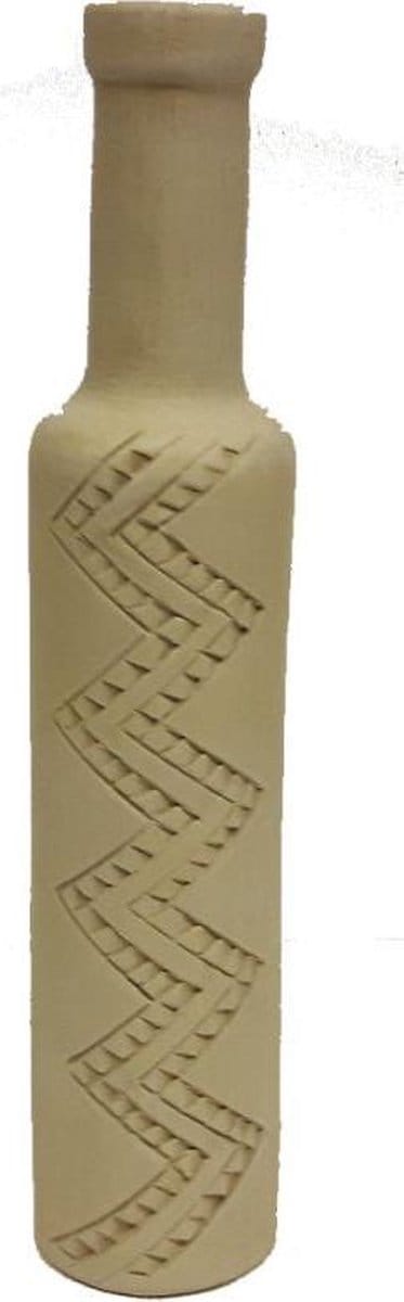 Decoratieve fairtrade cremekleurige kleifles uit Thailand met een betoverend zigzag patroon