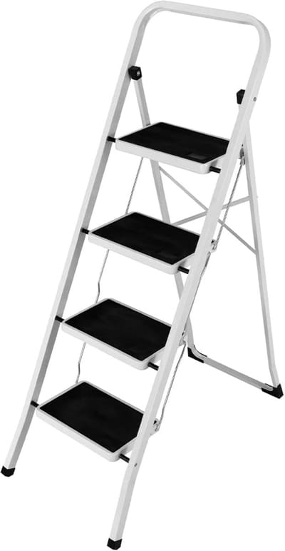 Vouwladder - Huishoudtrap - Bereik Hoge Planken - Ruimtebesparend Ontwerp - 4 Treden - Wit Zwart