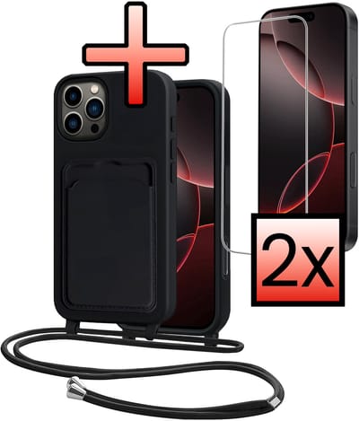 Hoes Geschikt voor iPhone 16 Pro Hoesje Pasjeshouder Cover Met Koord Case Siliconen Hoes Met Telefoonkoord en Kaarthouder Met 2x Screenprotector - Zwart