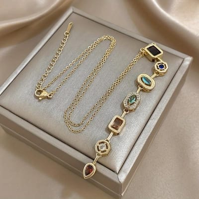 Retro Elegante Lange Hanger Ketting Voor Vrouwen Met Gekleurde Synthetische Zirconia Ketting Perfect Voor Dagelijks Gebruik Feest Sieraden Cadeaus gray