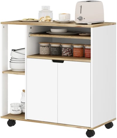 Pugsdrly Rolbare keukenwagen met opbergruimte, kast, verstelbare planken, voor keuken, woonkamer, eetkamer, wit