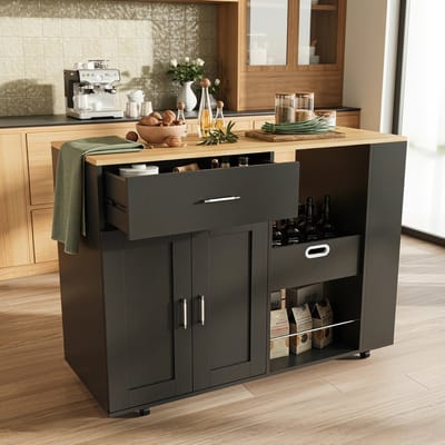 Verrijdbaar Keukeneiland, Klein Keukenkastje, Keukentrolley op Wielen, Dressoir Lades Voor Eetkamer, 3 Kruidenplanken, Opbergruimte Voor Veelgebruikte Spullen met Gemakkelijke Toegang (Zwart)