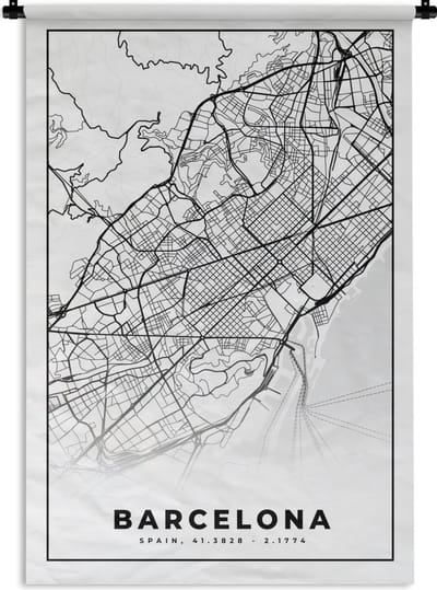 Wandkleed - Wanddoek - Barcelona - Stadskaart - Plattegrond - Zwart Wit - Kaart - 120x180 cm - Wandtapijt