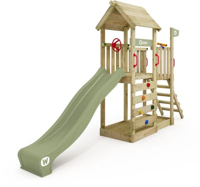 Wickey JoyFlyer Speeltoestel - Glijbaan met Houten Dak en Klimwand - Zandbak & Stuur - 429x84x263 cm - Pastelgroen