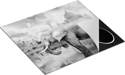 Chefcare Inductie Beschermer Getekende Olifant bij Taj Mahal - Abstract - Zwart Wit - 60x50 cm - Afdekplaat Inductie - Kookplaat Beschermer - Inductie Mat