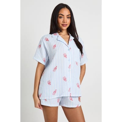 boohoo Dames Katoenen Gestreepte Pyjama Set Met Kreeftenprint, Korte Mouwen Shirt & Korte Broek | Lichtblauw | Maat: 34