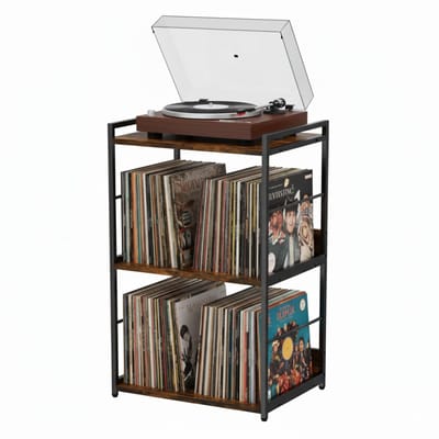 ACAZA LP Opbergsysteem - LP Houder - LP Rek - Vintage Bruin / Zwart - 48 x 38 x 80 cm (L x B x H) - Platenspeler Meubel - Vinyl Opbergsysteem - Platenrek - Platenkast - 200 Platen