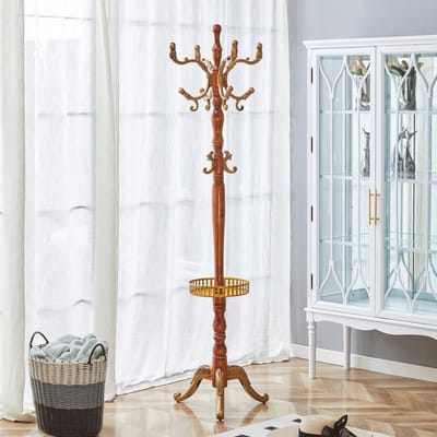 MIVRAY Kapstok Staand – Meerdere Haken – 195 x 48 x 31 cm – Massief Hout en Metaal – Houtkleur – Hal en Slaapkamer