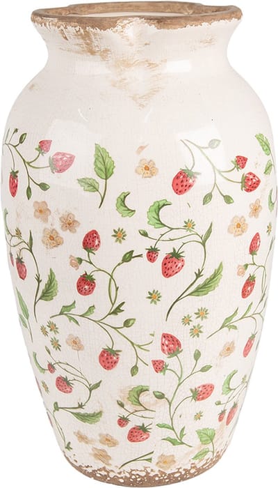 Clayre & Eef Vaas Ø 21x37 cm Beige Rood Keramiek Aardbeien