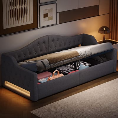 Komhtom Gestoffeerd rustbed 90x200 met ledstrip en opbergruimte onder het bed, grijs