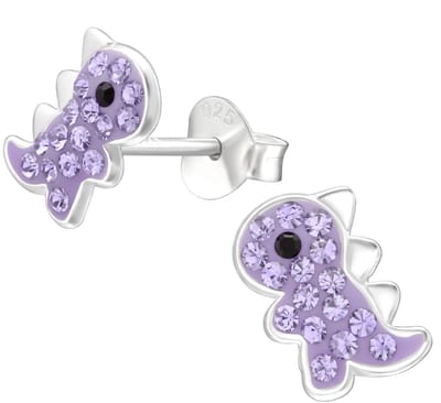 Joy|S - Zilveren dino oorbellen - 6 x 7 mm - paars - dinosaurus oorknoppen