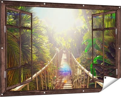 Gards Tuinposter Doorkijk Houten Brug in de Tropische Jungle - 150x100 cm - Tuindoek - Tuindecoratie - Wanddecoratie buiten - Tuinschilderij