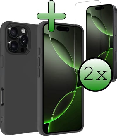 Hoesje Met 2x Screenprotector - Geschikt voor Apple iPhone 16 Pro - Sterk & Shockproof - Back Cover - Siliconen Case - Telefoon Hoes - Zwart