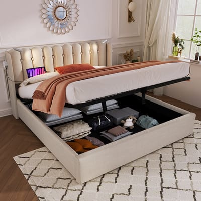 KOMHTOM Bed Tweepersoonsbed 160x200 cm Chest bed Leesbed met laadfunctie Hoofdbord Opbergruimte Naturel