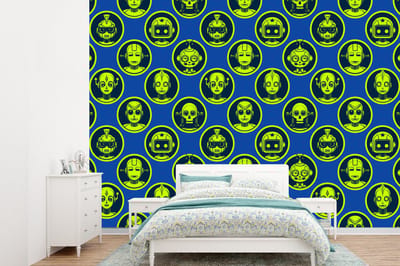 Behang - Fotobehang Patronen - Robot - Geel - Blauw - Jongens - Kinderen - Kids - Jongetje - Breedte 360 cm x hoogte 260 cm