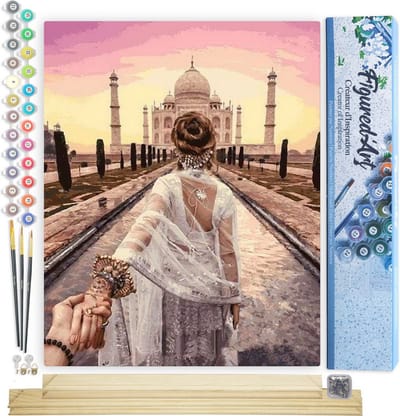 Figured'Art Schilderen op Nummer Volwassenen canvas Romantische wandeling Taj Mahal - Handwerk acrylverf Kit DIY Compleet - 40x50cm met DIY houten lijst