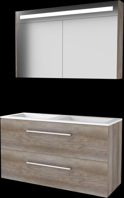 Basic Premium 46 badmeubelset met spiegelkast met geïntegreerde LED verlichting, onderkast met 2 lades, grepen en acryl wastafel met 2 kraangaten 120