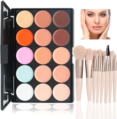 Kleurcorrectie Make-up Palet met 15 Crème Tinten en 8 Make-up Kwasten voor een Gelijkmatige Huidteint en Perfecte Afwerking