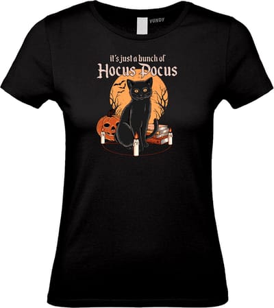 Dames t-shirt Hocus Pocus met kat | Halloween Kostuum Volwassenen | Horror Shirt | Gothic Shirt | Zwart dames | maat XS