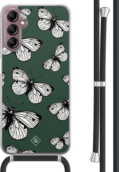 Casimoda® hoesje met koord - Geschikt voor Samsung A14 - Vlinders - Afneembaar koord - TPU/acryl - Groen