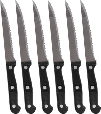Urban Living Steakmessen/vleesmessen - 6x stuks - RVS - zwart/zilver - 22 cm - bbq messen