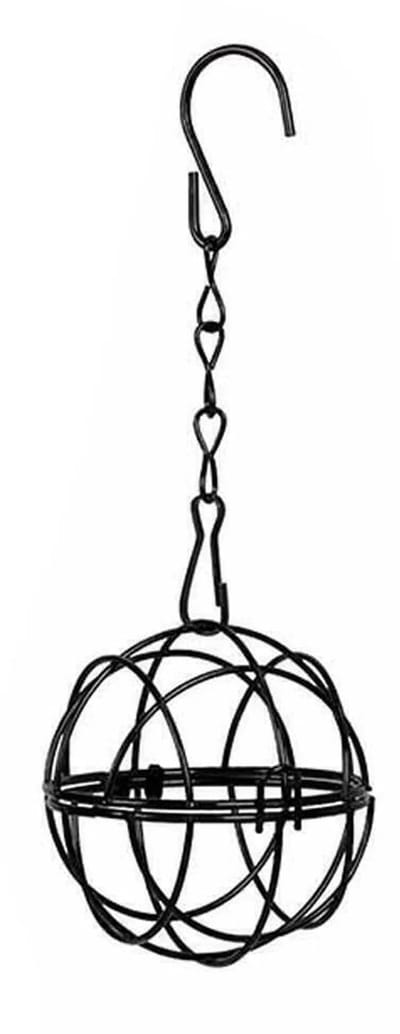 4-delig - Hangende metalen voederbak - Bolvormige voederbak - Hangende vetbol voederbak - Stevig en duurzaam - Met S-haak - Zwart - Diameter 7 cm - Geschikt voor wilde vogels, mussen, spechten