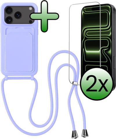 Hoes Geschikt voor iPhone 17 Pro / 18 Pro Hoesje Pas Houder Case Hoes Met Koord Met 2x Screenprotector - Hoesje Geschikt voor iPhone 17 Pro / 18 Pro Hoes Met Telefoonkoord Pasjeshouder Cover - Lila