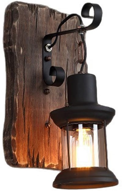 KZQ Wandlamp Landelijke Stijl – 1 Stuk Vintage Houten Wandlamp met Glaslampenkap, Handmatige Schakelaar, Zwart, Voor Slaapkamer, Woonkamer en Trappenhuis