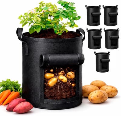 Set van 5 Aardappel Kweekzakken van 38 Liter, Tuinplantenzakken met Versterkte Handvatten, Dikke Nonwoven Plantenzakken voor Tomaten, Groenten en Fruit