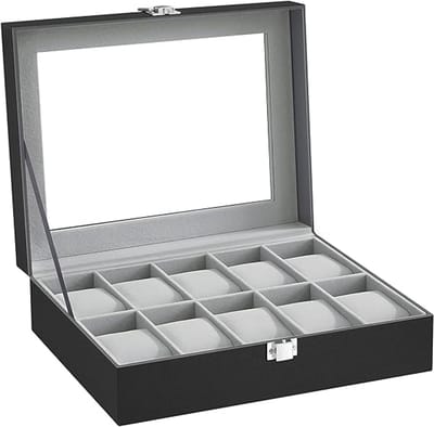 Famanu - Horlogebox met 10 vakken, horlogebox met glazen deksel, horlogekast met afneembare horlogekussens, SAMT-bekleding, metalen gesp, gemaakt van PU, zwart, grijs, 25,4 x 7,8 x 20,2 cm