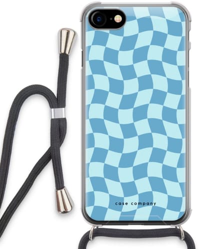 Case Company® - Hoesje met koord geschikt voor iPhone SE 2020 hoesje met Koord - Grid Blauw - Telefoonhoesje met Zwart Koord - Bescherming aan alle Kanten en Over de Schermrand